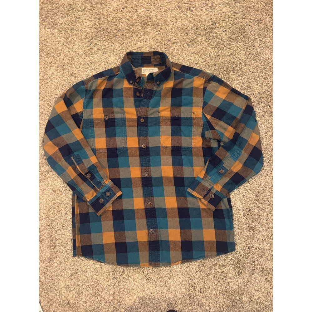 Duluth Trading Co Mens Flannel Shirt Medium Relaxed Fit Plaid Blue Yellow Cotton